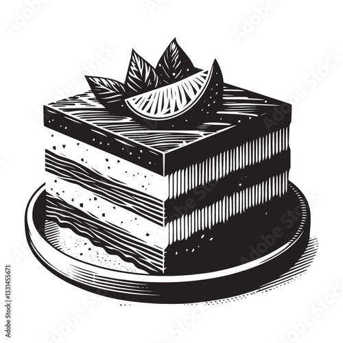Elegant chocolate caprese torte with lemon, minimalist woodcut style dessert art
