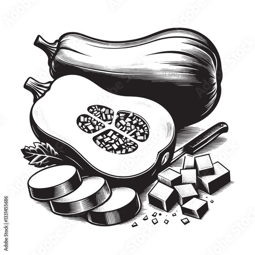Elegant butternut squash illustration in minimalist woodcut style monochrome art