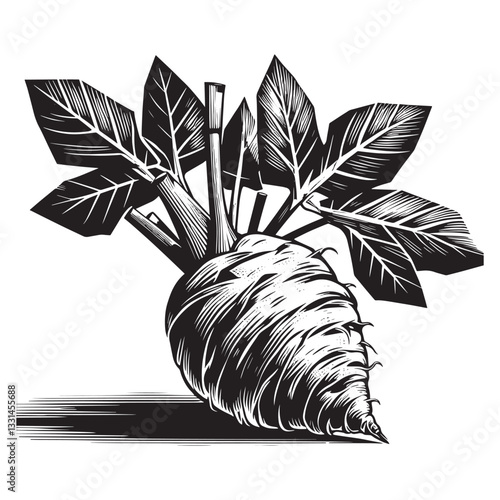 Elegant botanical illustration of taro plant in monochrome woodcut style