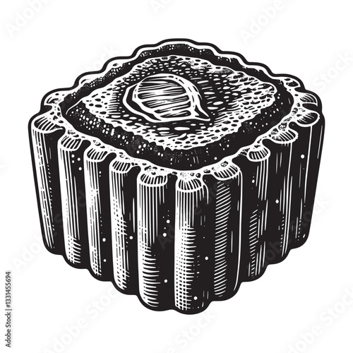 Elegant Cannelé Pastry Illustration with Crisp Detailing in Woodcut Style
