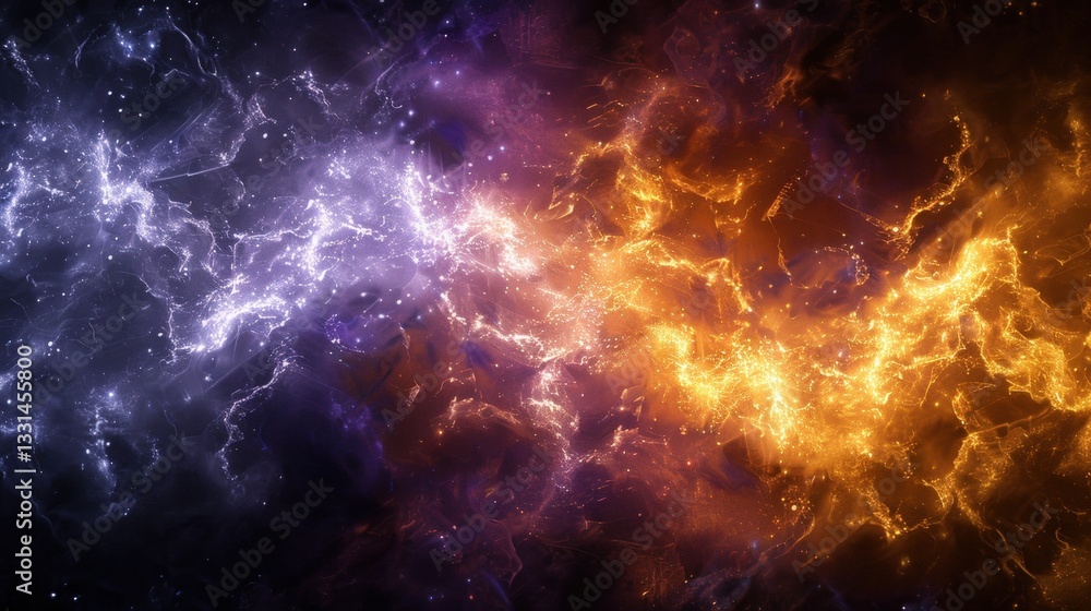 Cosmic clash of fire and lightning; abstract energy duel in space Cosmic clash of fire and lightning; abstract energy duel in space