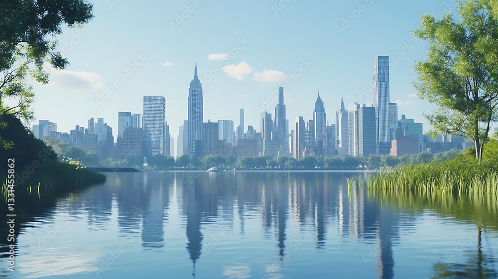 Obraz premium Serene new york skyline at sunrise with reflections high resolution picture