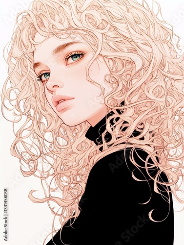 Ethereal Portrait of a Young Woman with Flowing Curly Hair and Striking Blue Eyes, Capturing Beauty and Grace in a Minimalistic Style