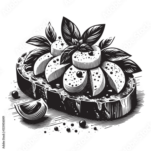 Elegant ink illustration of bruschetta with mozzarella and basil garnish