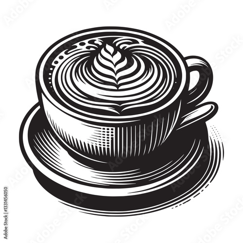 Elegant latte art illustration in minimalist black and white woodcut style