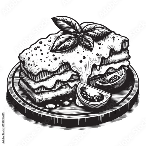 Elegant monochrome illustration of chicken parmigiana with melted cheese and basil