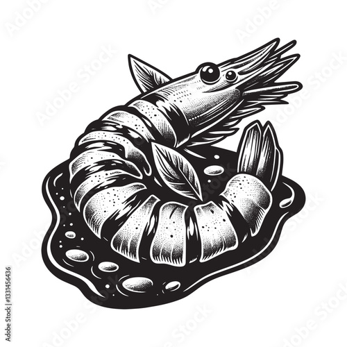 Elegant monochrome illustration of grilled shrimp with decorative leaf detail