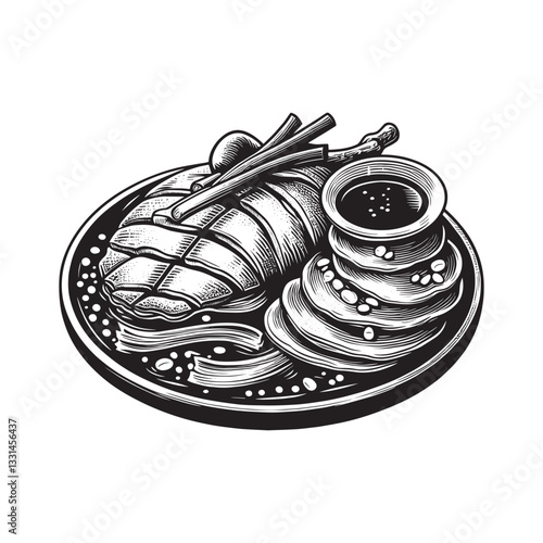 Elegant monochrome illustration of Peking duck with pancakes and scallions