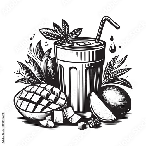 Elegant Monochrome Illustration of Mango Lassi with Fresh Tropical Fruit