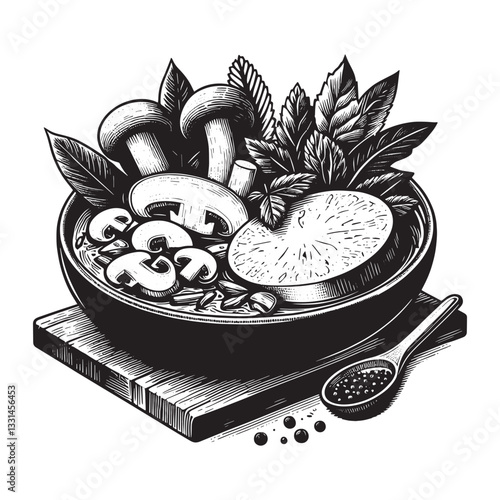 Elegant monochrome illustration of tom yum soup with herbs and mushrooms