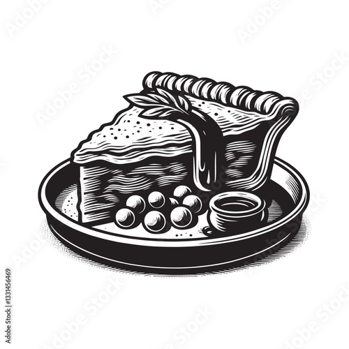 Elegant monochrome woodcut depiction of meat pie served with peas and gravy
