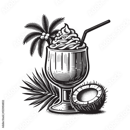 Elegant Piña Colada Illustration with Tropical Flair in Woodcut Style