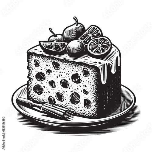 Elegant slice of fruitcake with ornate etching and monochrome simplicity, culinary delight
