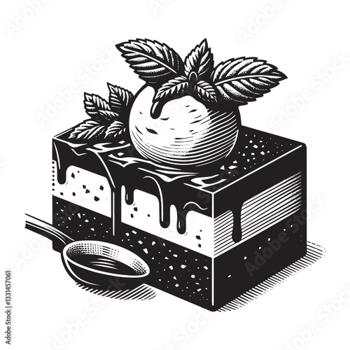 Elegant woodcut illustration of chocolate fondant and vanilla ice cream delight