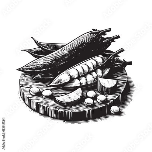 Elegant woodcut illustration of fresh sugar snap peas on wooden block