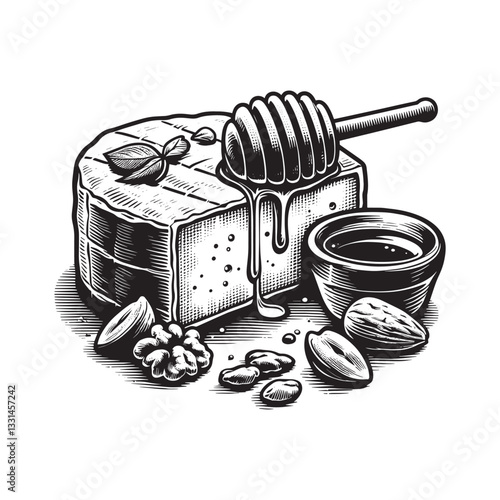 Elegant woodcut illustration of baked brie with honey and mixed nuts delicacy