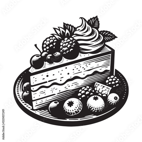 Elegant woodcut illustration of tres leches cake adorned with fresh berries