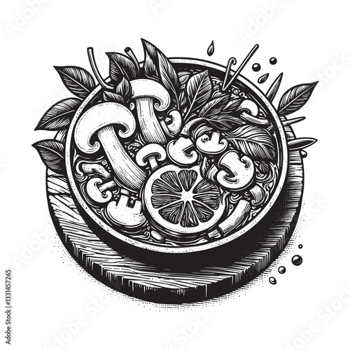 Elegant woodcut illustration of Tom Yum Goong with mushrooms and aromatic herbs
