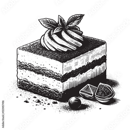Elegant woodcut style illustration of tiramisu dessert with leaf garnish