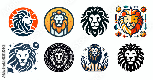 Conjunto de logotipos vectoriales coloridos de león en estilo de diseño plano sobre fondo clipart transparente aislado en formato vectorial, ideal para branding y proyectos de simbolismo de fuerza.