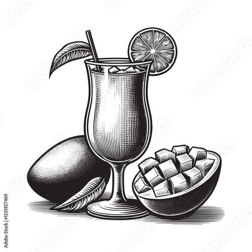 Elegant woodcut illustration of a mango daiquiri with fresh tropical mangoes