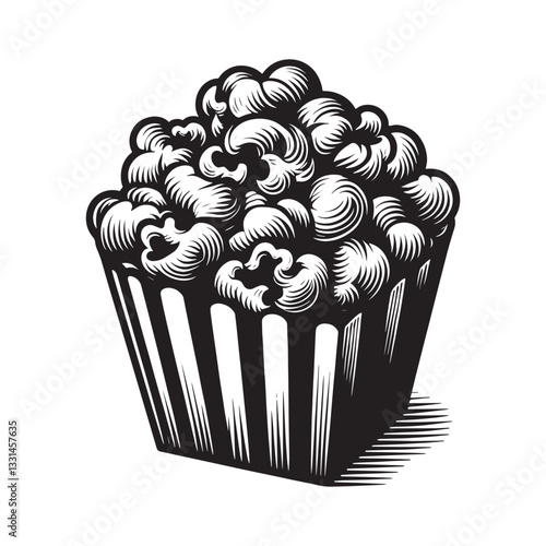 Engraved style Illustration of caramel popcorn in a striped container