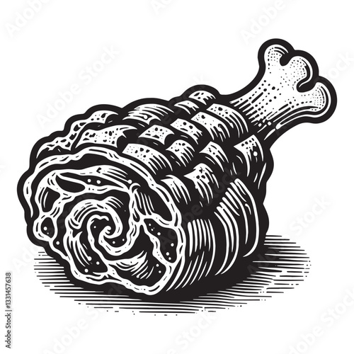 Engraved illustration of roasted pork knuckle with crispy skin and bone