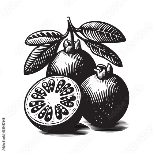 Engraved feijoa fruit illustration with stylized leaves and cutaway showing pulp