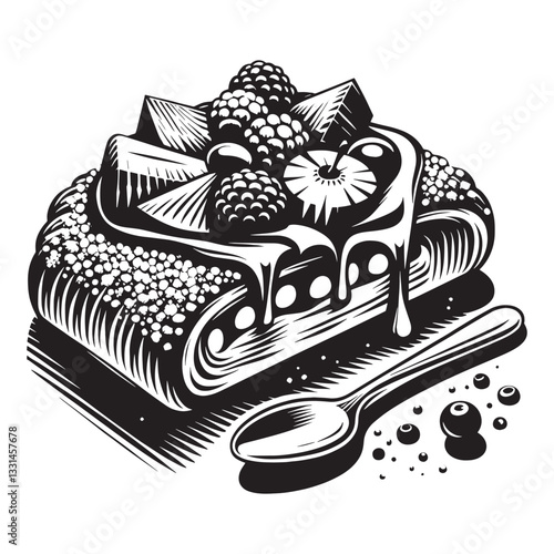Exquisite woodcut-style illustration of a fruit-topped danish pastry with spoon