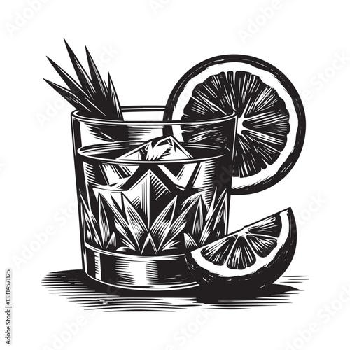 glass of Harvey Wallbanger with an orange wedge in minimalist clean woodcut drawing, 2182