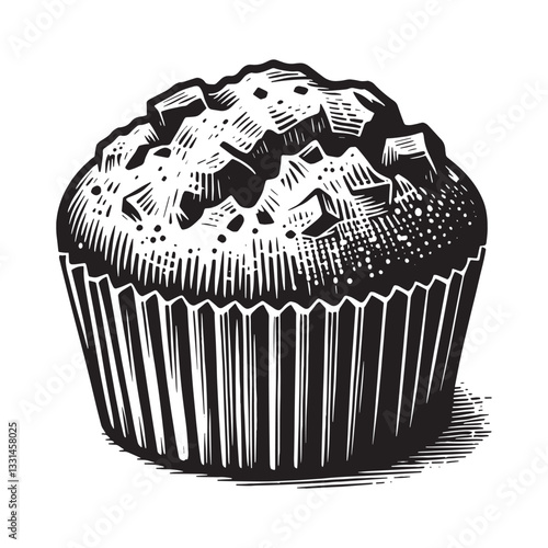 Hand-drawn cornbread muffin illustration in woodcut style on plain white backdrop