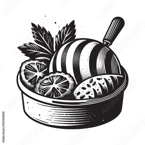 Hand-drawn monochrome gelato with citrus illustration in a clean woodcut style