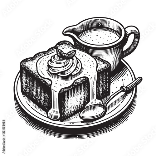 Hand-drawn illustration of bread and butter pudding with custard, minimalist style