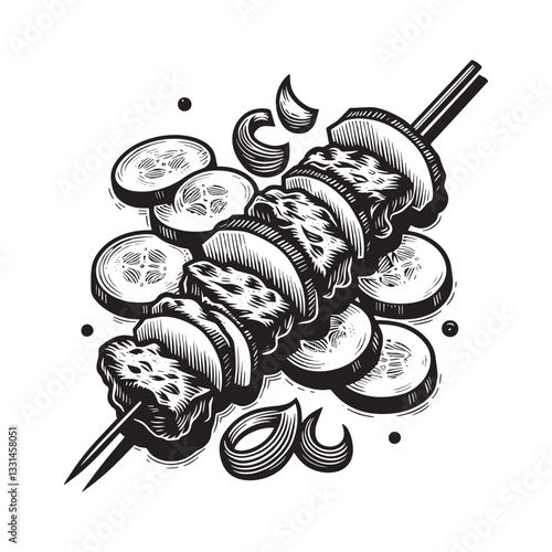 Handcrafted chicken satay skewer with fresh cucumber slices woodcut illustration