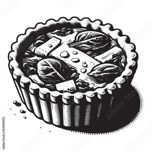 Hand-drawn stylized spinach and cheese quiche illustration on white