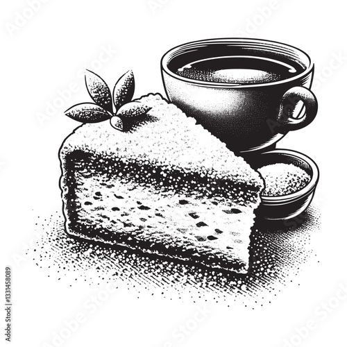 Handcrafted dessert and coffee composition, a minimalist woodcut illustration with sugary slice