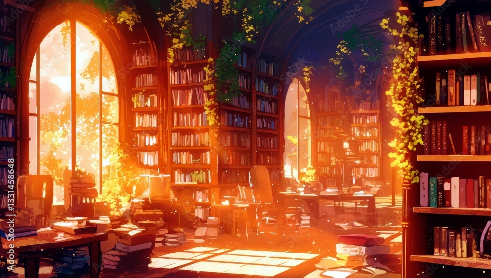 Fototapeta premium Serene Library Interior with Sunlight Filtering Through Arched Windows and Lush Greenery Creating a Tranquil Reading Environment