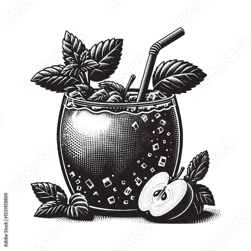 Minimalist woodcut drawing of an apple mint cooler with stencil details