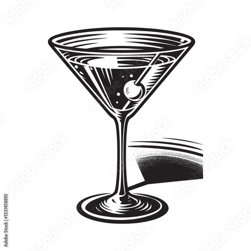 Minimalist woodcut illustration of a martini glass with olive on white background