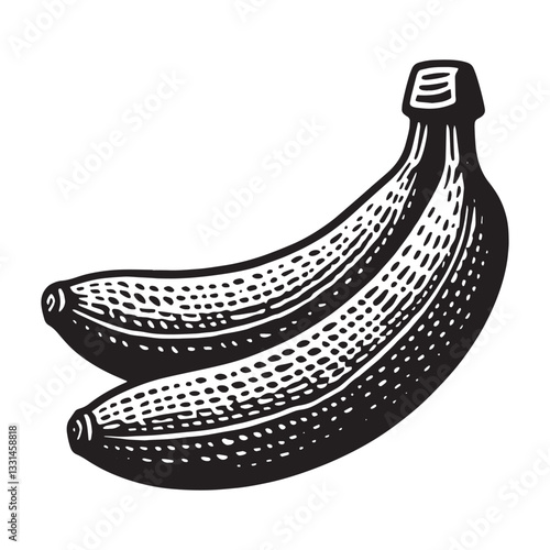 Minimalist woodcut illustration featuring a pair of ripe bananas on white