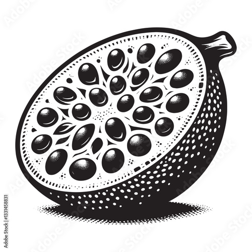 Minimalist woodcut illustration of a sliced quandong fruit with visible seeds