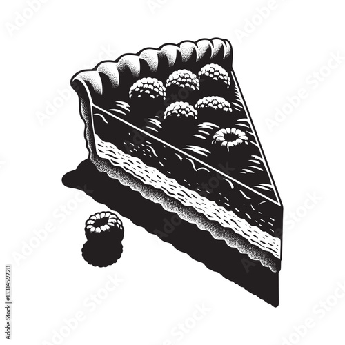 Minimalist woodcut-style Linzer torte illustration with fresh raspberry filling