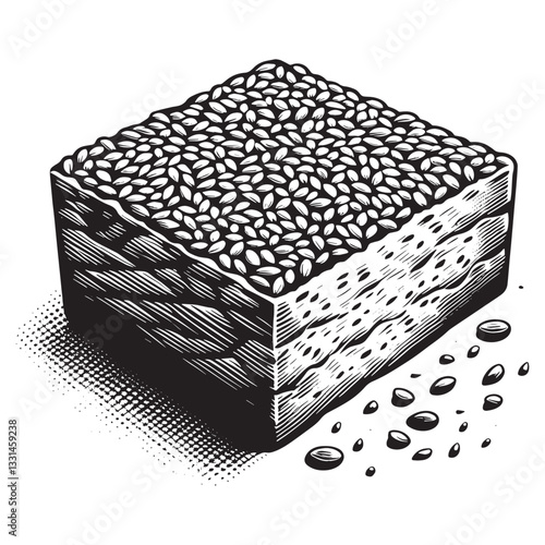 Monochromatic halva block illustration with sesame seeds in woodcut style
