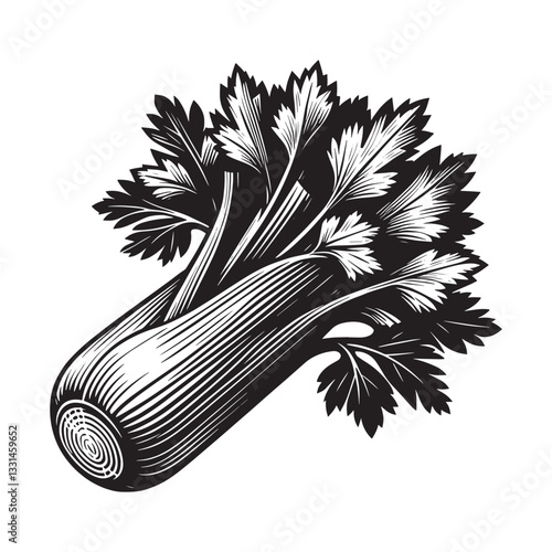 Monochrome Celery Stalk Illustration in Minimalist Clean Woodcut Style