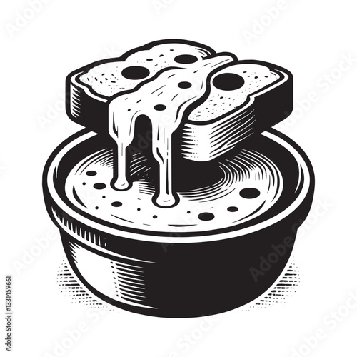 Monochrome cheese fondue illustration featuring bread dipped in cheesy delight