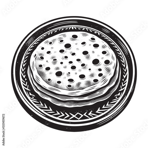Monochrome chapati with a porous texture in a simplistic woodcut style, on white backdrop