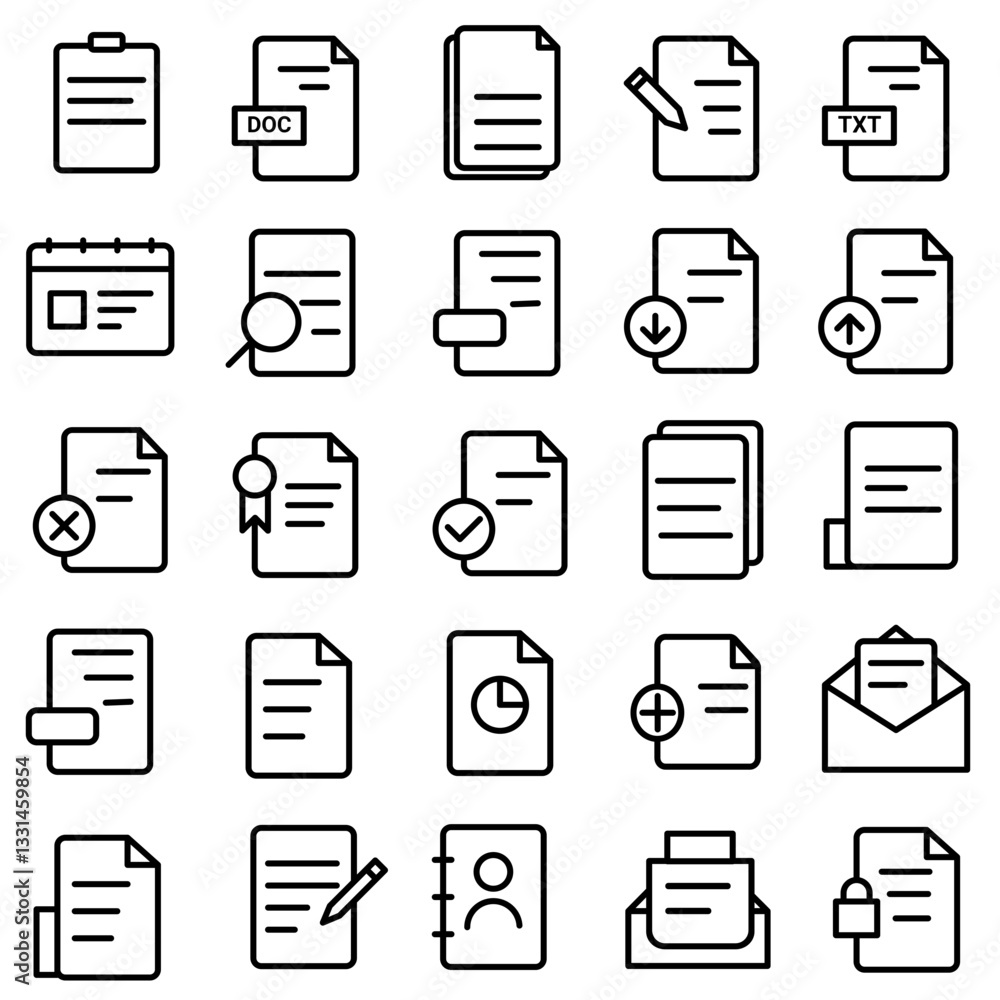 Set of document-related line icons. File, page, form, report, search, list, etc. Set of document-related line icons. File, page, form, report, search, list, etc.