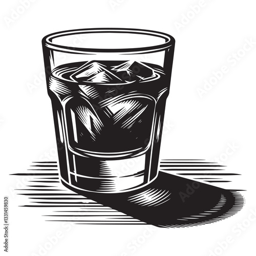 Monochrome cocktail illustration with ice cubes in a minimalist woodcut design