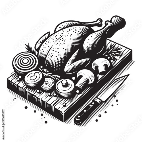 Monochrome Culinary Woodcut Illustration of Roast Chicken with Vegetables