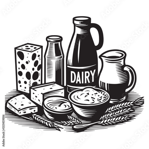 Monochrome dairy product assortment, a woodcut illustration with bold, clean lines